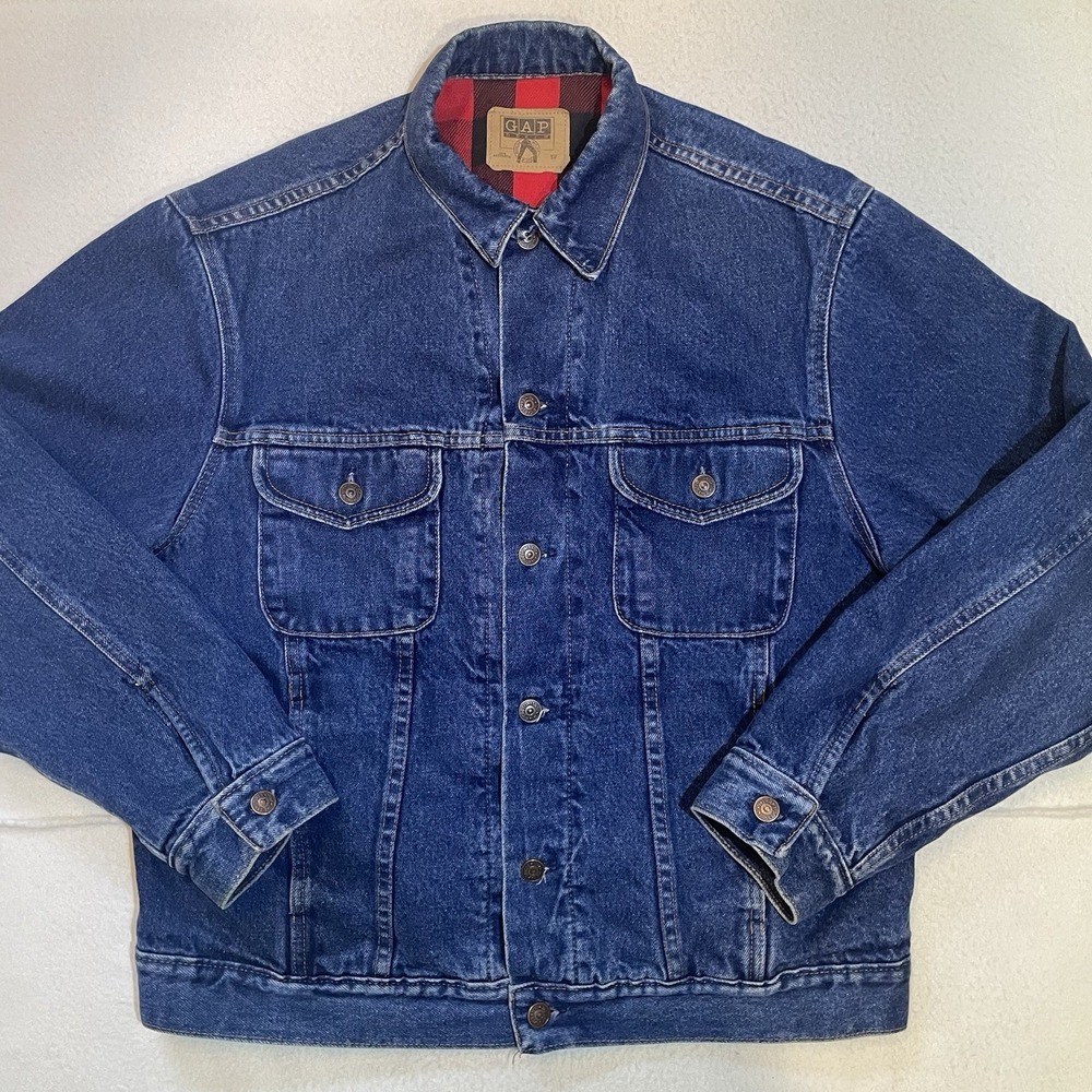 Vintage Denim Trucker Jacket Men's Size L Plaid Flannel‎ Lined Gap Brand Biker